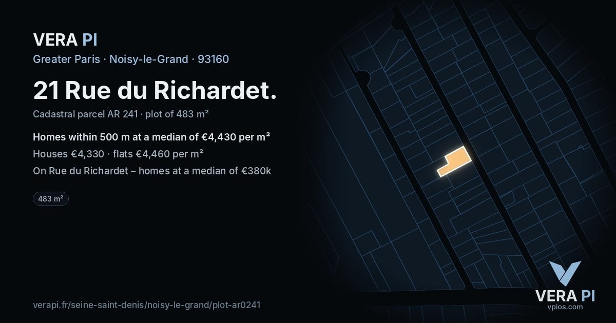 21 Rue du Richardet, Noisy-le-Grand at night – the plot lit, the parcels around coloured by the prices near them