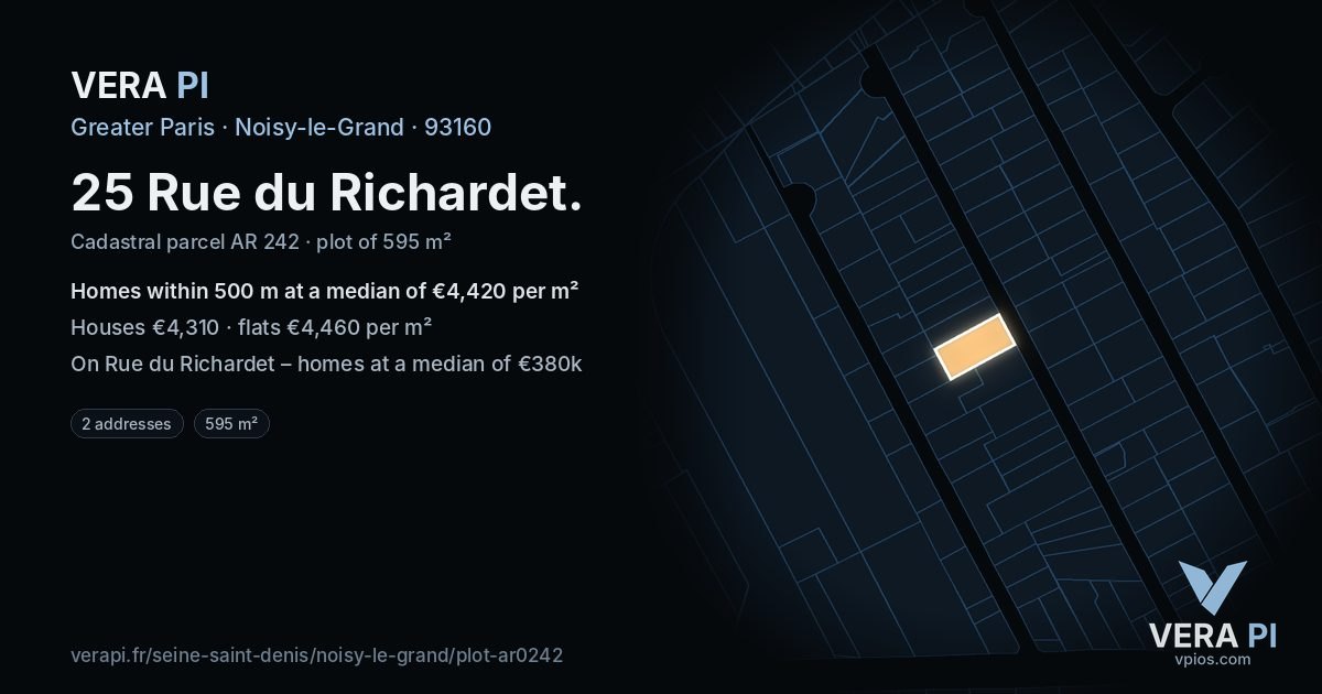 25 Rue du Richardet, Noisy-le-Grand at night – the plot lit, the parcels around coloured by the prices near them