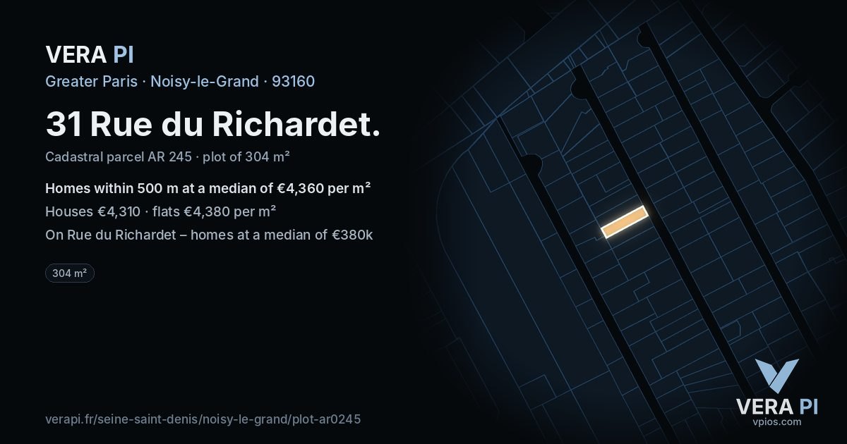 31 Rue du Richardet, Noisy-le-Grand at night – the plot lit, the parcels around coloured by the prices near them