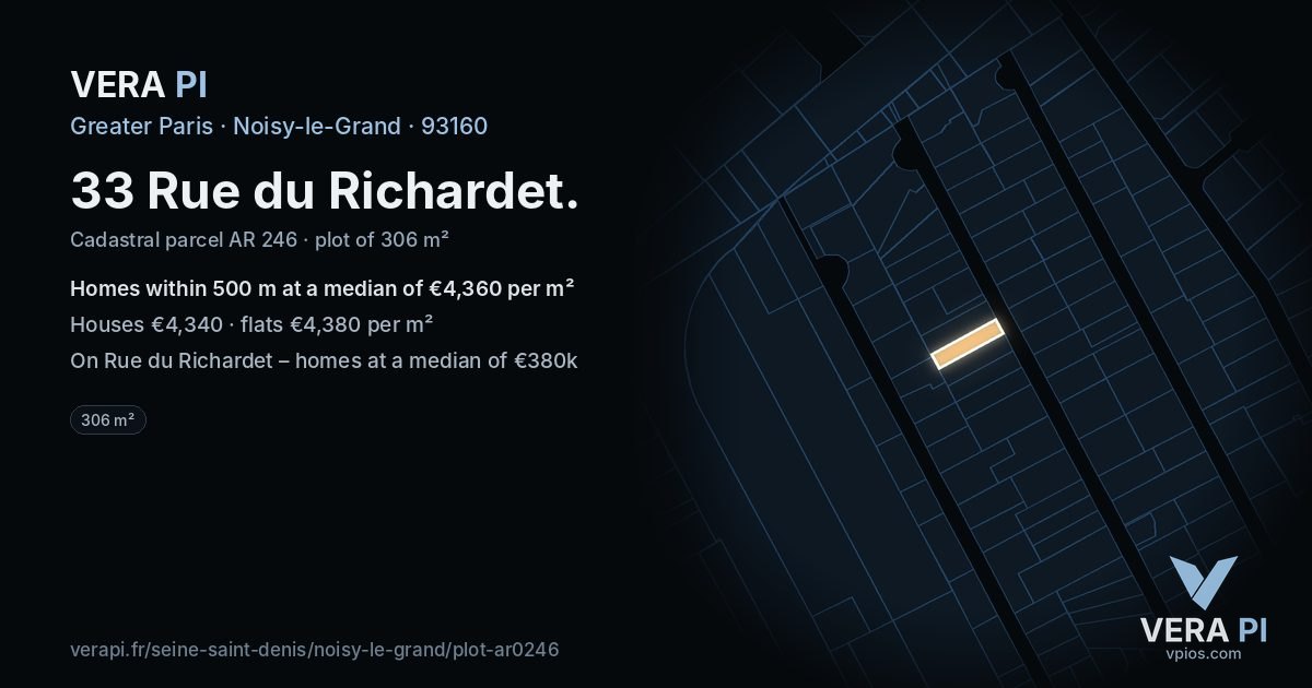 33 Rue du Richardet, Noisy-le-Grand at night – the plot lit, the parcels around coloured by the prices near them