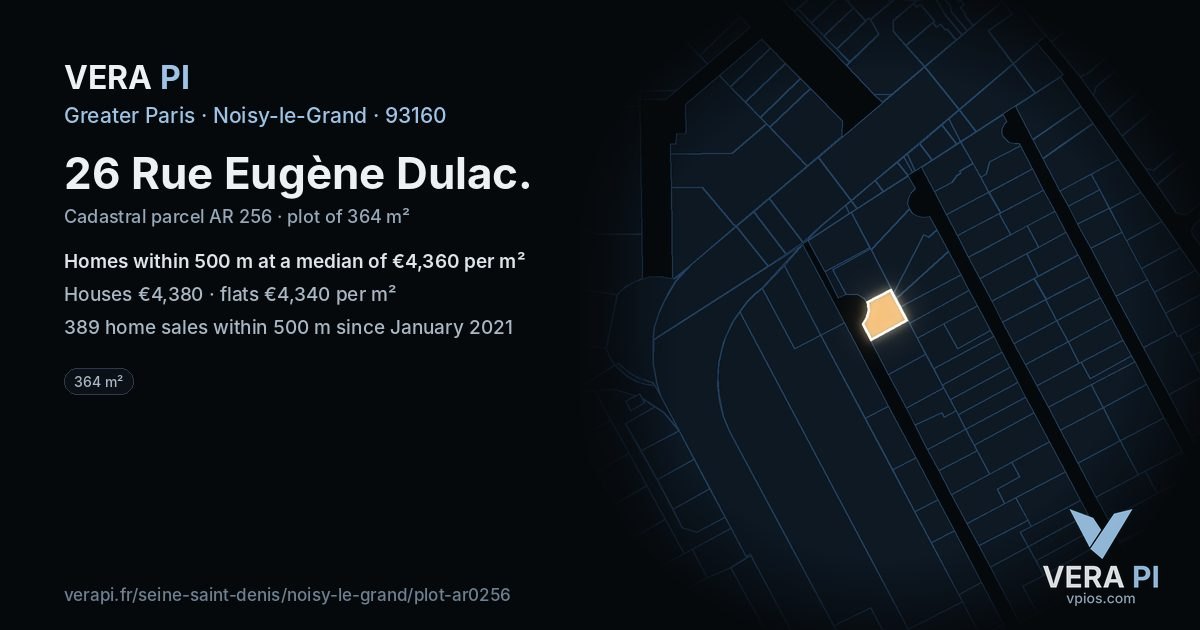 26 Rue Eugène Dulac, Noisy-le-Grand at night – the plot lit, the parcels around coloured by the prices near them