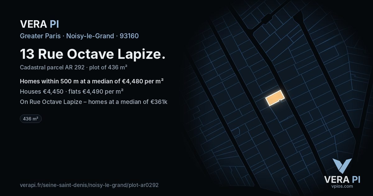 13 Rue Octave Lapize, Noisy-le-Grand at night – the plot lit, the parcels around coloured by the prices near them