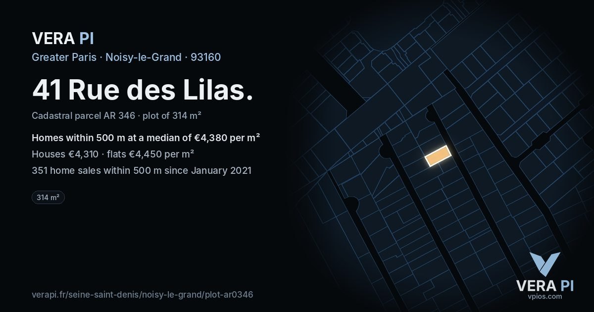 41 Rue des Lilas, Noisy-le-Grand at night – the plot lit, the parcels around coloured by the prices near them