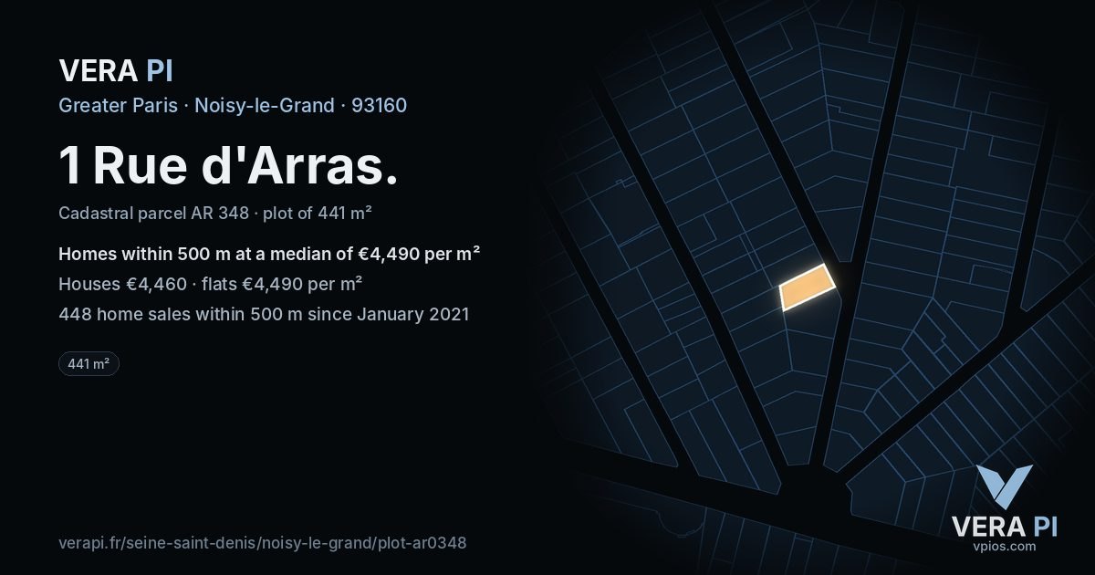 1 Rue d'Arras, Noisy-le-Grand at night – the plot lit, the parcels around coloured by the prices near them