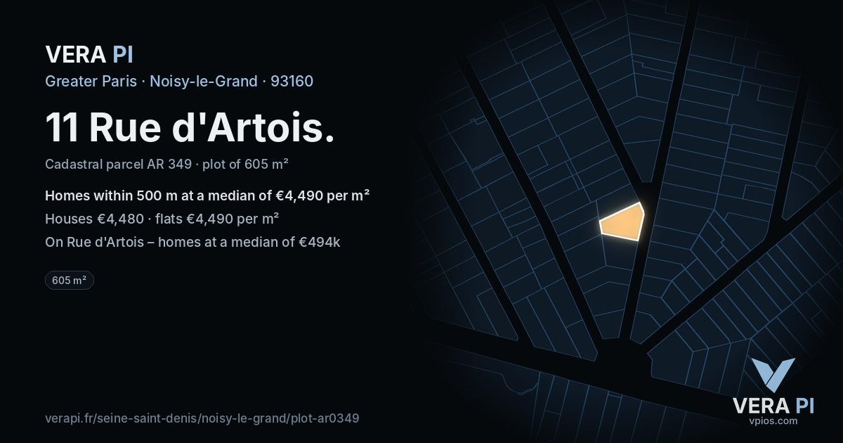 11 Rue d'Artois, Noisy-le-Grand at night – the plot lit, the parcels around coloured by the prices near them