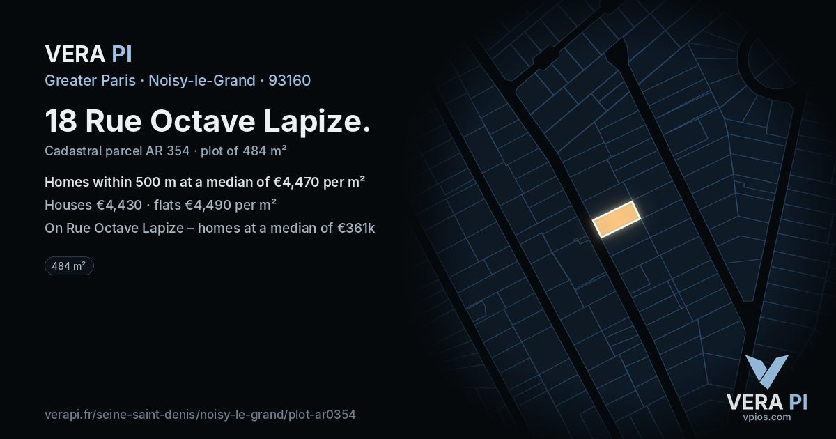 18 Rue Octave Lapize, Noisy-le-Grand at night – the plot lit, the parcels around coloured by the prices near them