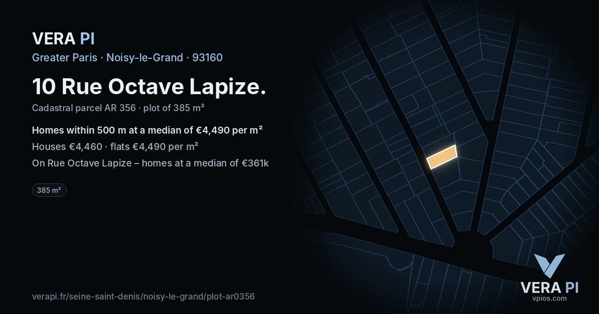 10 Rue Octave Lapize, Noisy-le-Grand at night – the plot lit, the parcels around coloured by the prices near them