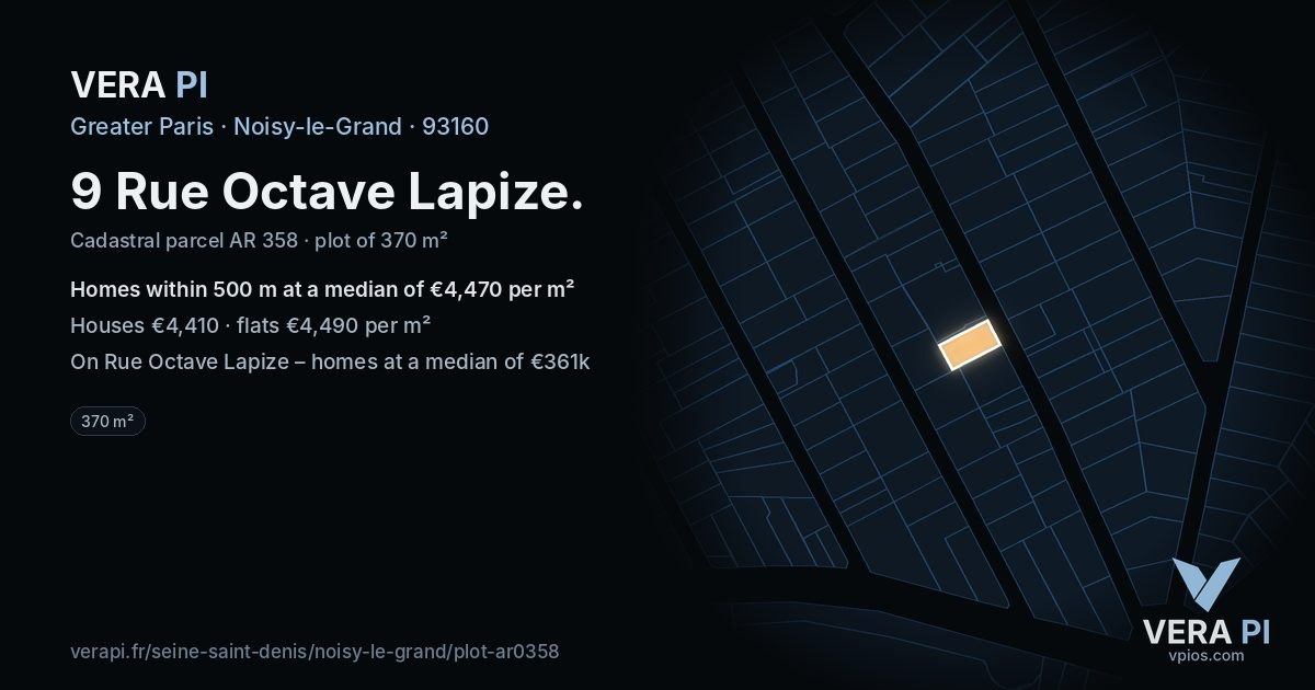 9 Rue Octave Lapize, Noisy-le-Grand at night – the plot lit, the parcels around coloured by the prices near them