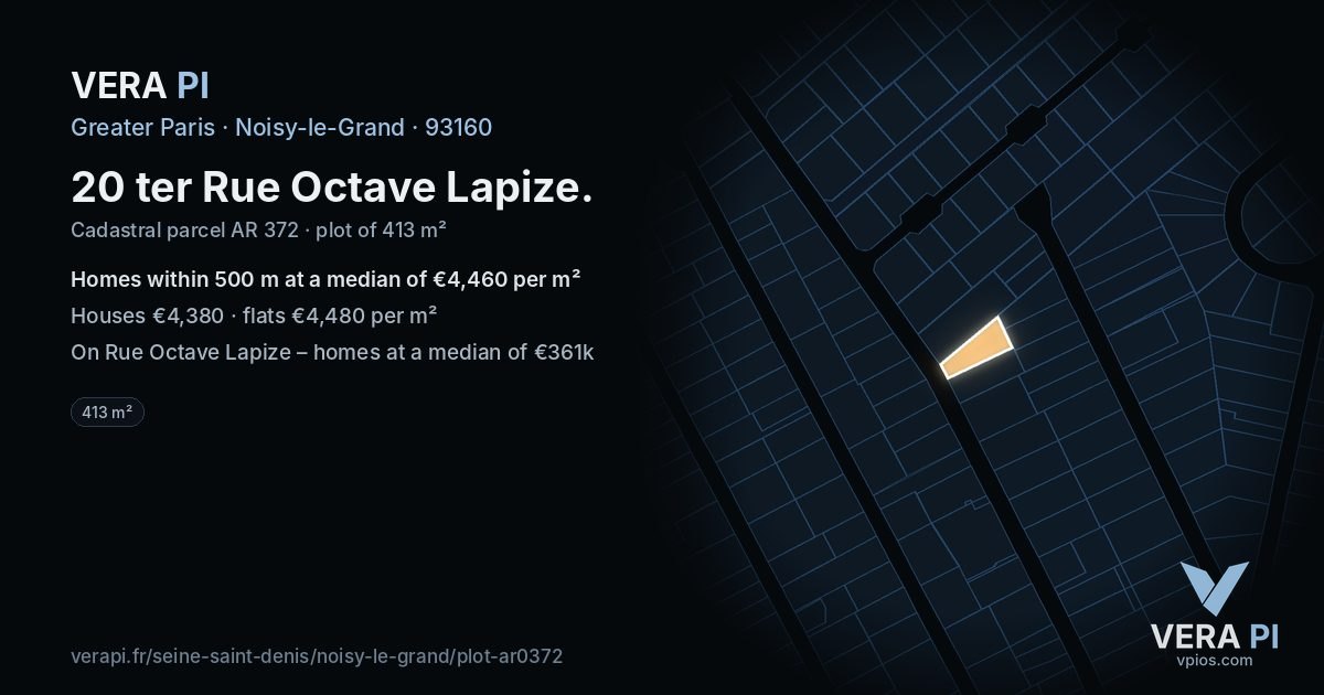 20 ter Rue Octave Lapize, Noisy-le-Grand at night – the plot lit, the parcels around coloured by the prices near them