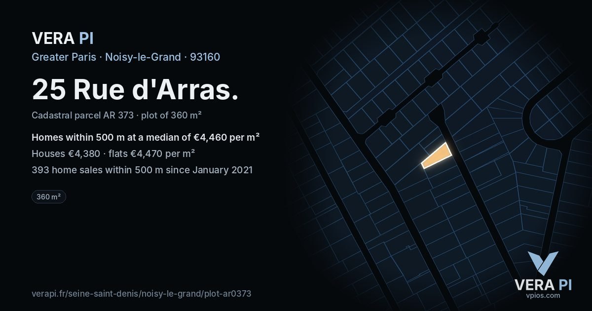 25 Rue d'Arras, Noisy-le-Grand at night – the plot lit, the parcels around coloured by the prices near them