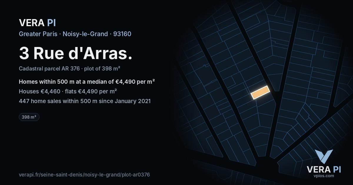 3 Rue d'Arras, Noisy-le-Grand at night – the plot lit, the parcels around coloured by the prices near them