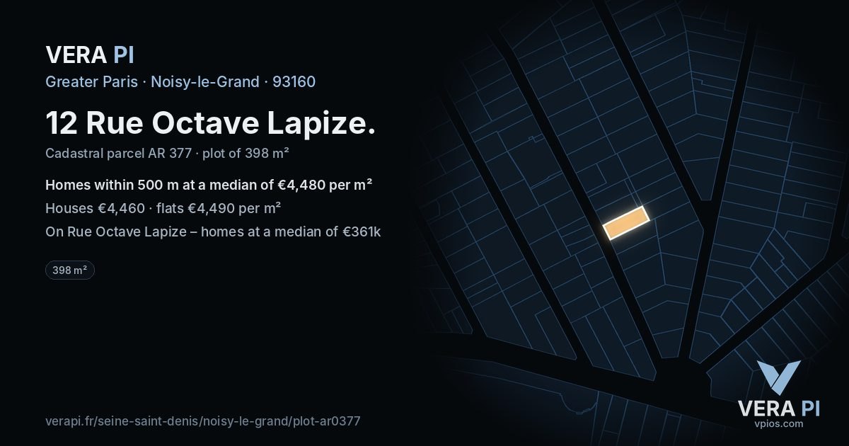 12 Rue Octave Lapize, Noisy-le-Grand at night – the plot lit, the parcels around coloured by the prices near them