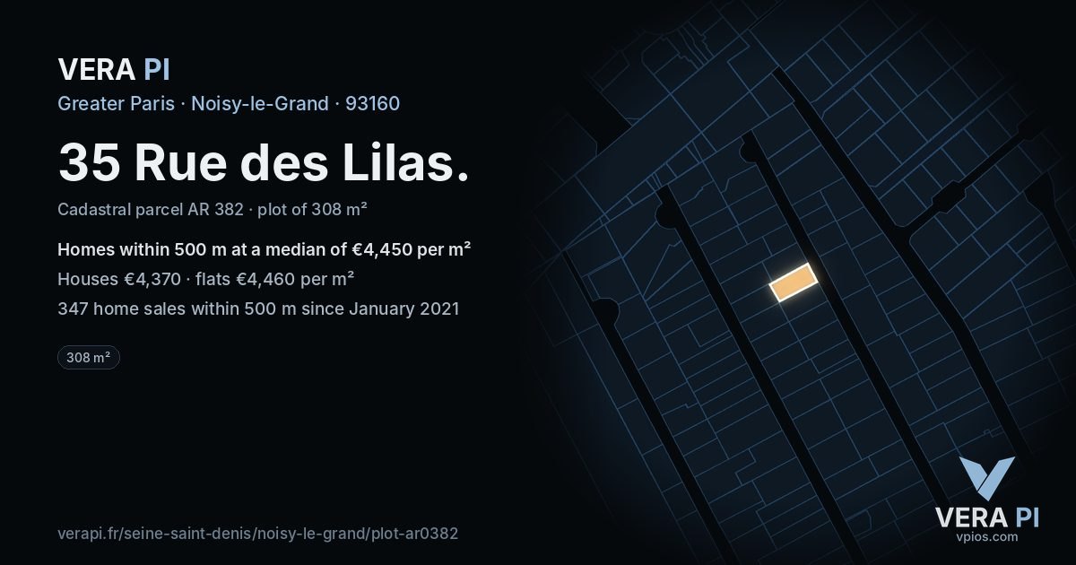 35 Rue des Lilas, Noisy-le-Grand at night – the plot lit, the parcels around coloured by the prices near them