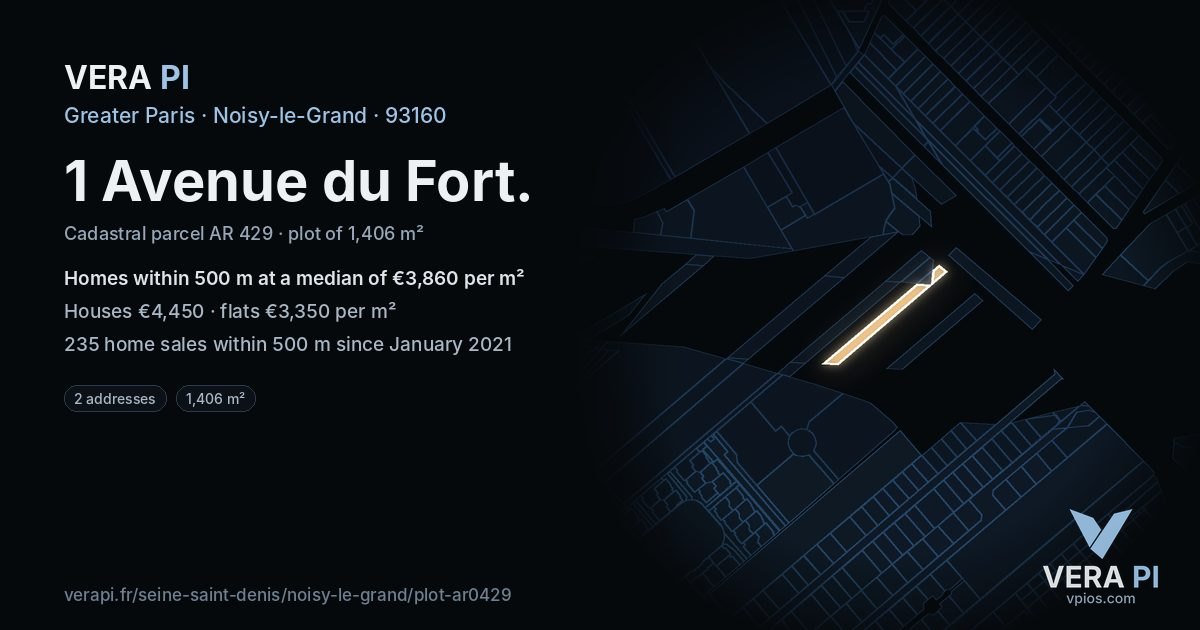 1 Avenue du Fort, Noisy-le-Grand at night – the plot lit, the parcels around coloured by the prices near them