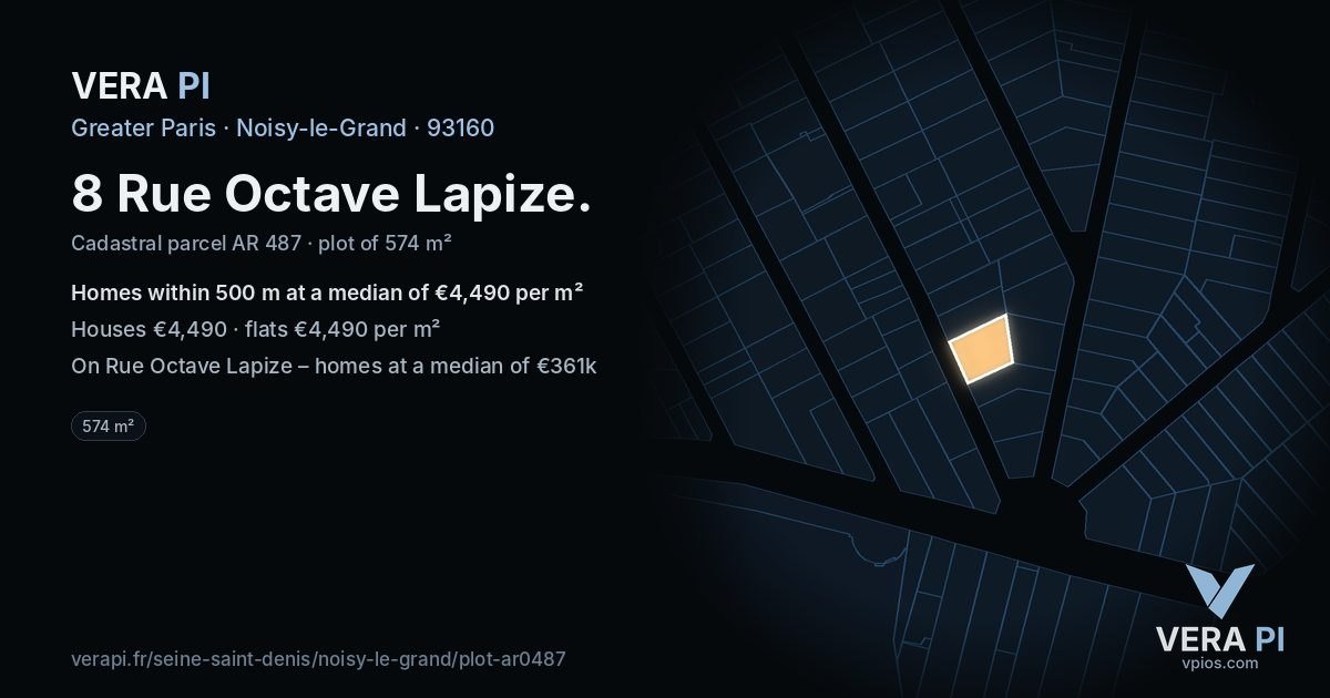 8 Rue Octave Lapize, Noisy-le-Grand at night – the plot lit, the parcels around coloured by the prices near them