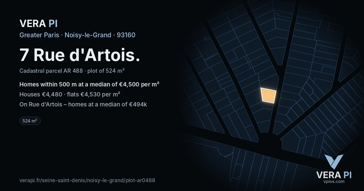 7 Rue d'Artois, Noisy-le-Grand at night – the plot lit, the parcels around coloured by the prices near them