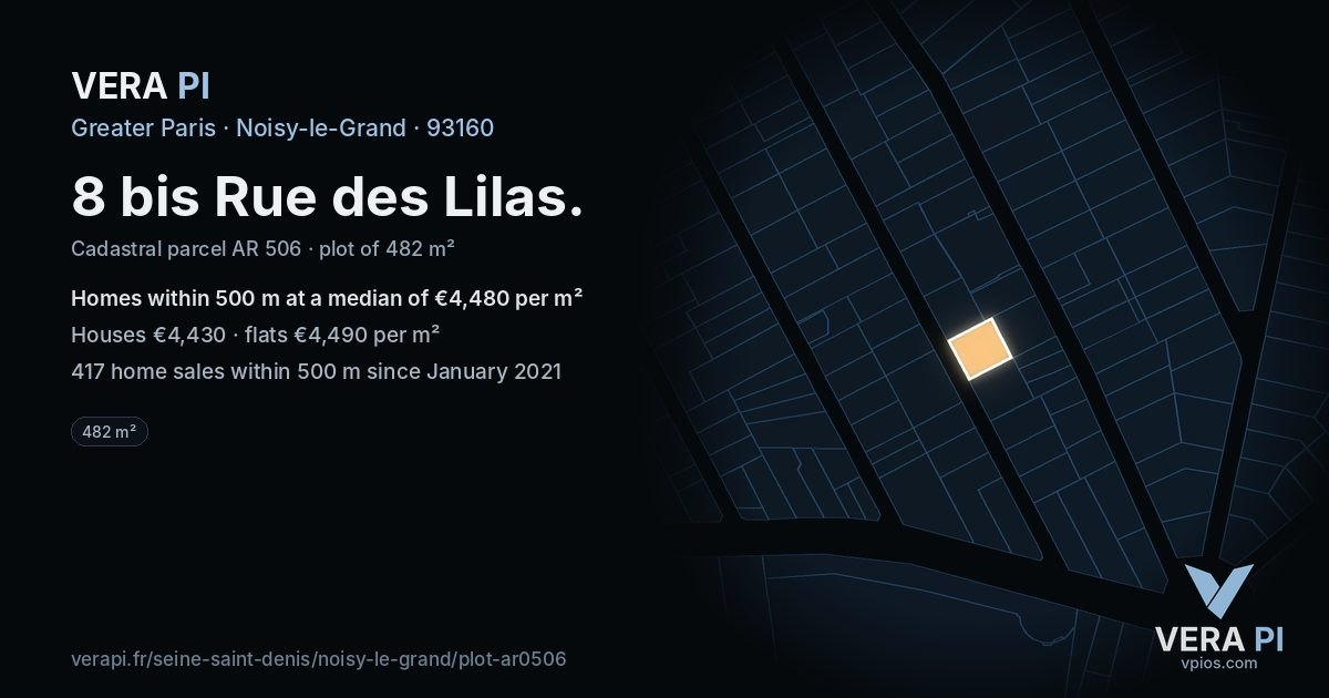 8 bis Rue des Lilas, Noisy-le-Grand at night – the plot lit, the parcels around coloured by the prices near them