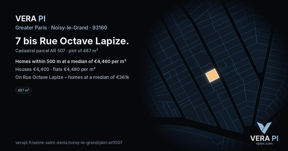 7 bis Rue Octave Lapize, Noisy-le-Grand at night – the plot lit, the parcels around coloured by the prices near them