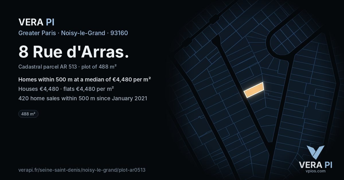 8 Rue d'Arras, Noisy-le-Grand at night – the plot lit, the parcels around coloured by the prices near them