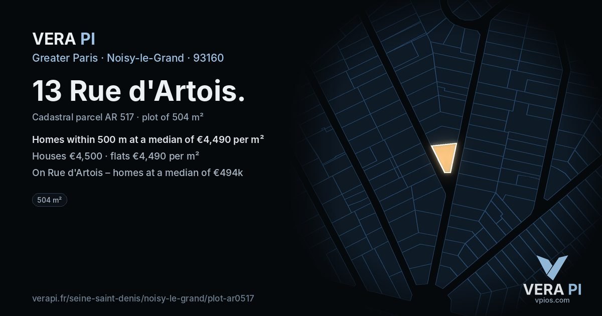13 Rue d'Artois, Noisy-le-Grand at night – the plot lit, the parcels around coloured by the prices near them