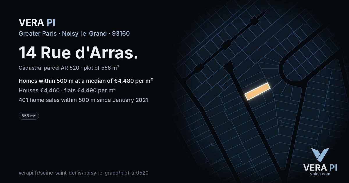 14 Rue d'Arras, Noisy-le-Grand at night – the plot lit, the parcels around coloured by the prices near them