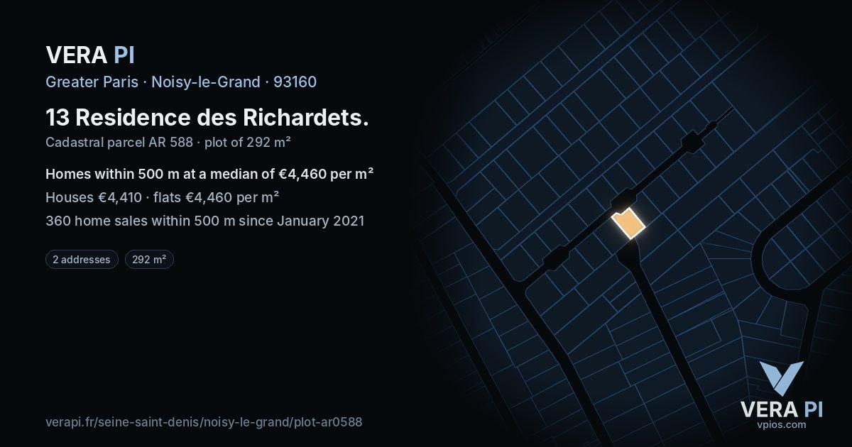 13 Residence des Richardets, Noisy-le-Grand at night – the plot lit, the parcels around coloured by the prices near them