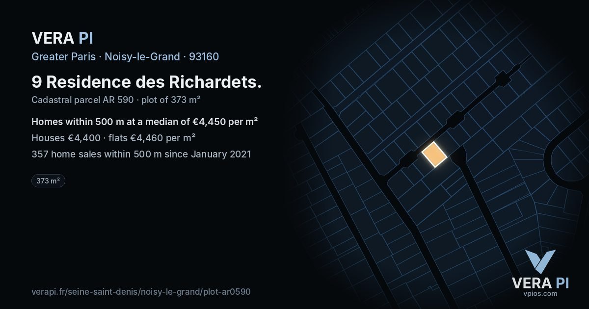 9 Residence des Richardets, Noisy-le-Grand at night – the plot lit, the parcels around coloured by the prices near them