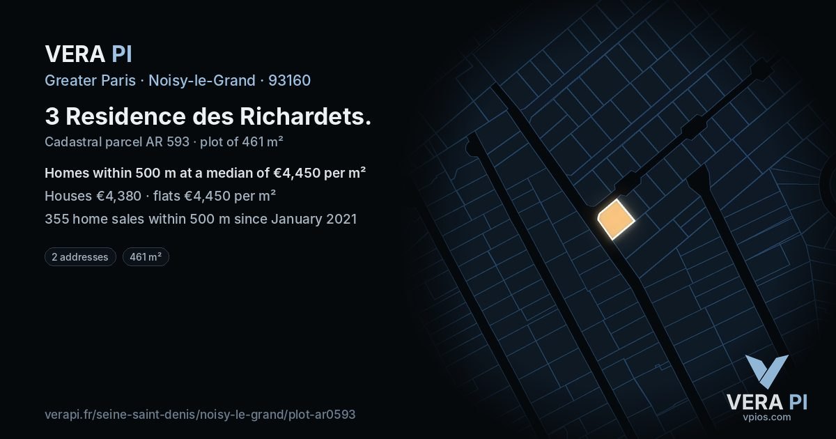 3 Residence des Richardets, Noisy-le-Grand at night – the plot lit, the parcels around coloured by the prices near them
