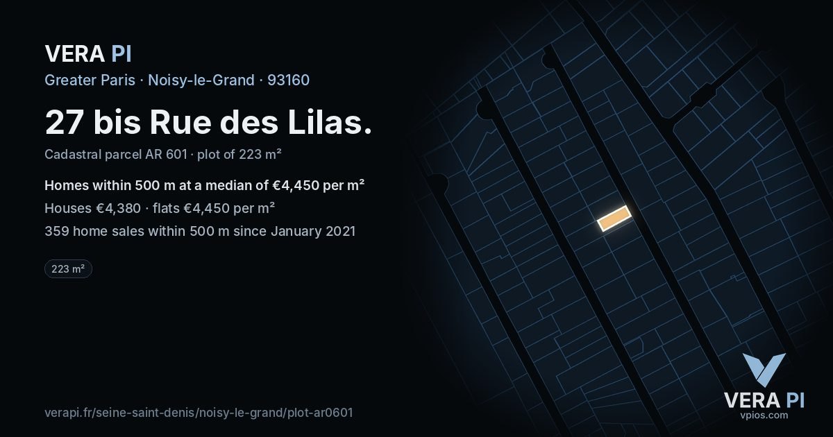 27 bis Rue des Lilas, Noisy-le-Grand at night – the plot lit, the parcels around coloured by the prices near them