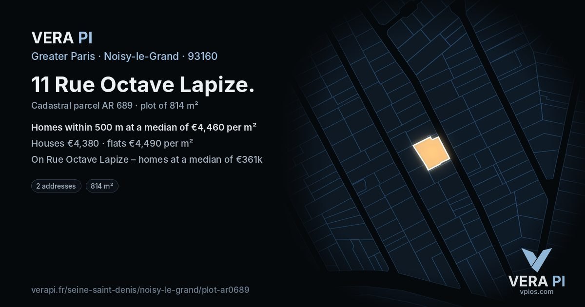 11 Rue Octave Lapize, Noisy-le-Grand at night – the plot lit, the parcels around coloured by the prices near them