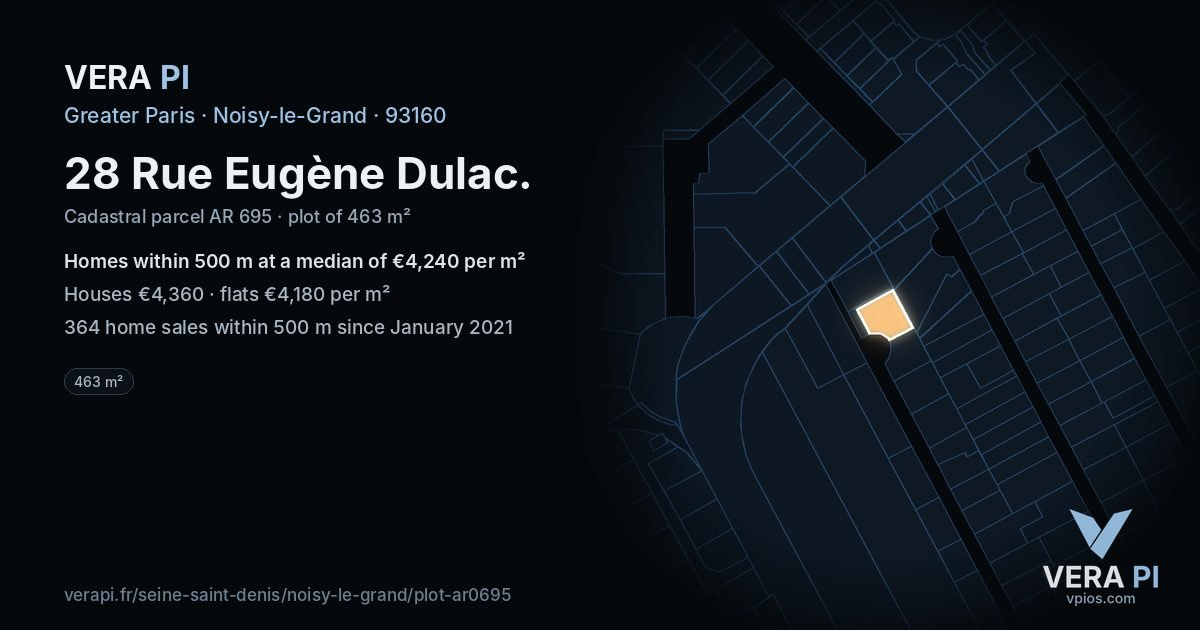 28 Rue Eugène Dulac, Noisy-le-Grand at night – the plot lit, the parcels around coloured by the prices near them