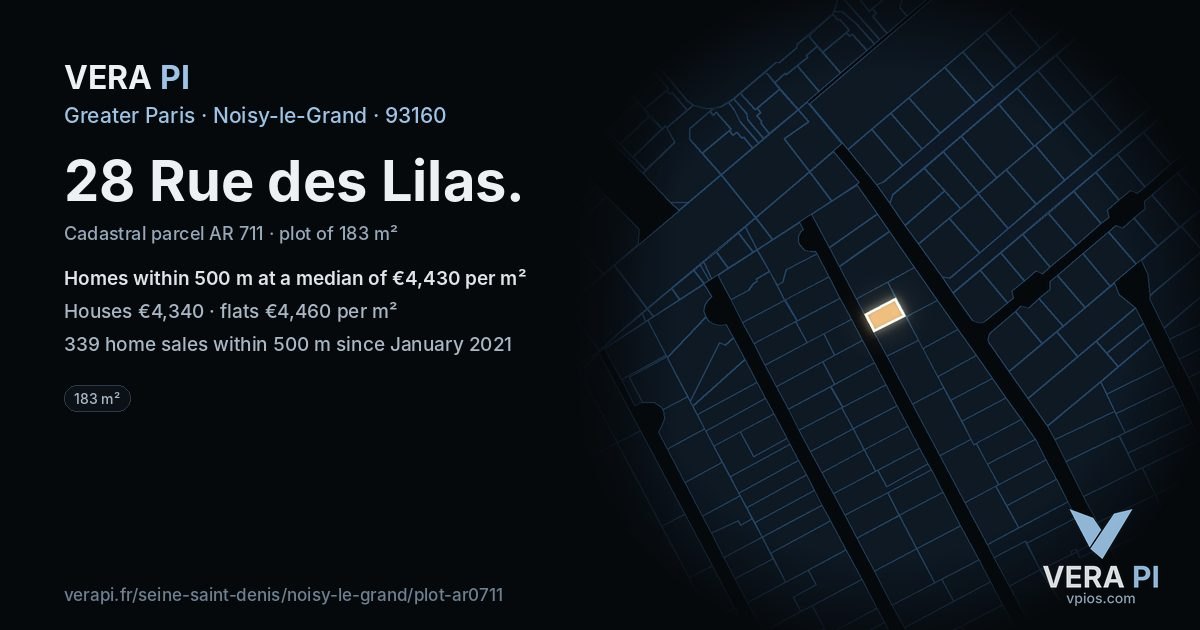 28 Rue des Lilas, Noisy-le-Grand at night – the plot lit, the parcels around coloured by the prices near them