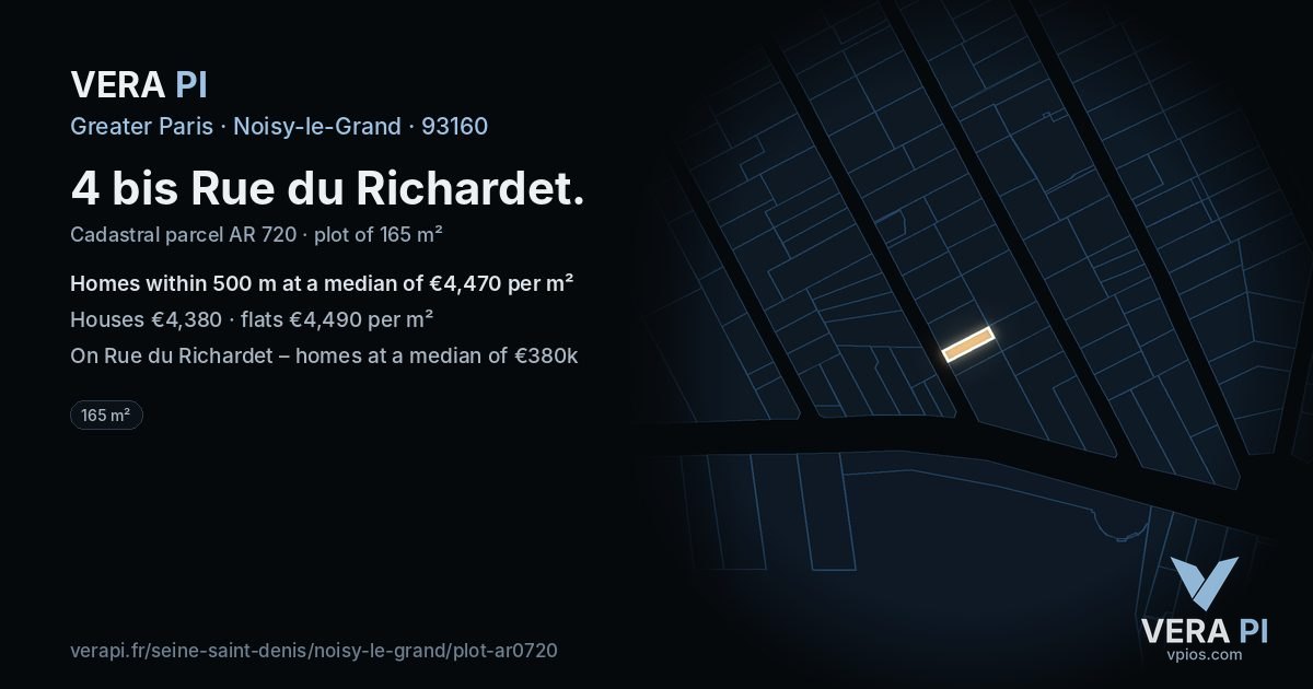 4 bis Rue du Richardet, Noisy-le-Grand at night – the plot lit, the parcels around coloured by the prices near them