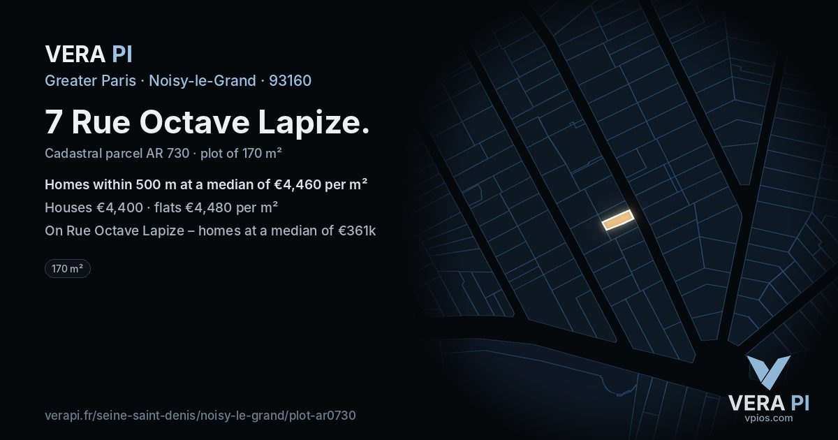 7 Rue Octave Lapize, Noisy-le-Grand at night – the plot lit, the parcels around coloured by the prices near them