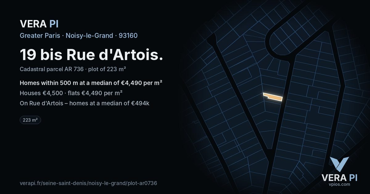19 bis Rue d'Artois, Noisy-le-Grand at night – the plot lit, the parcels around coloured by the prices near them
