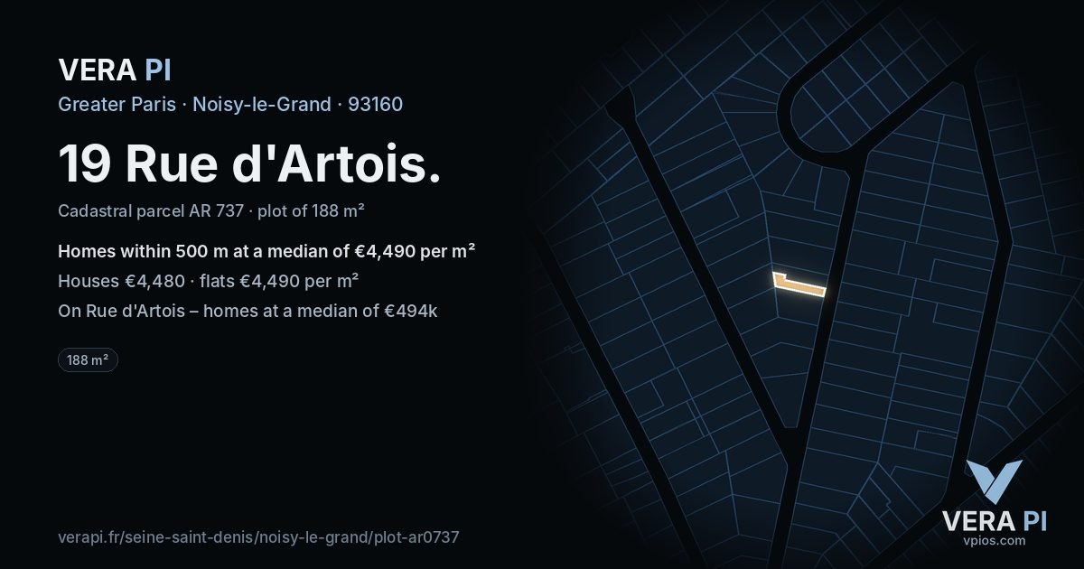 19 Rue d'Artois, Noisy-le-Grand at night – the plot lit, the parcels around coloured by the prices near them