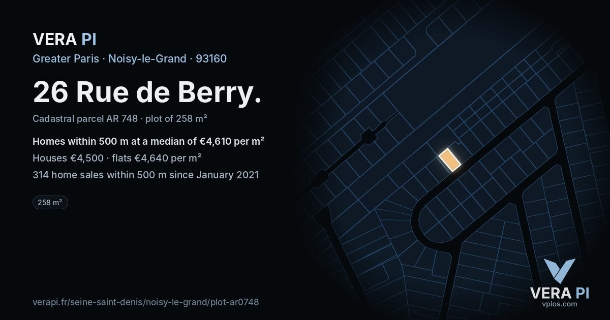 26 Rue de Berry, Noisy-le-Grand at night – the plot lit, the parcels around coloured by the prices near them