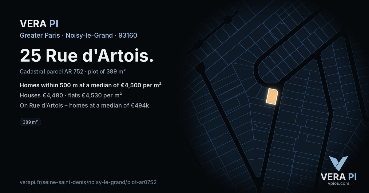25 Rue d'Artois, Noisy-le-Grand at night – the plot lit, the parcels around coloured by the prices near them