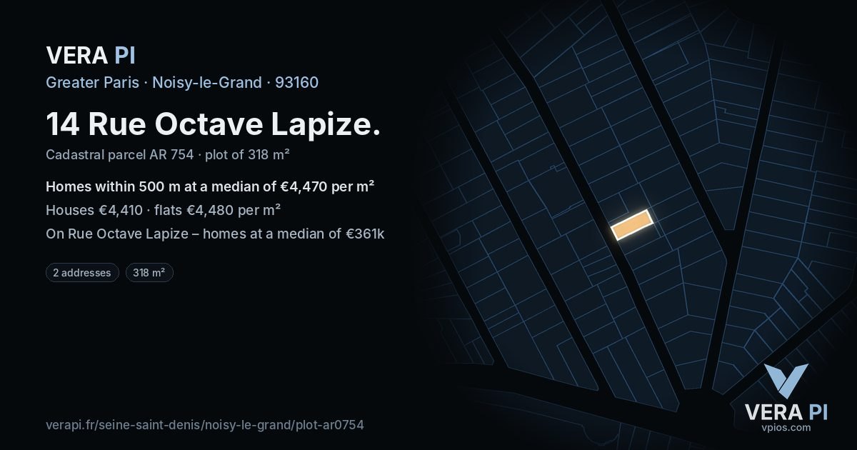 14 Rue Octave Lapize, Noisy-le-Grand at night – the plot lit, the parcels around coloured by the prices near them