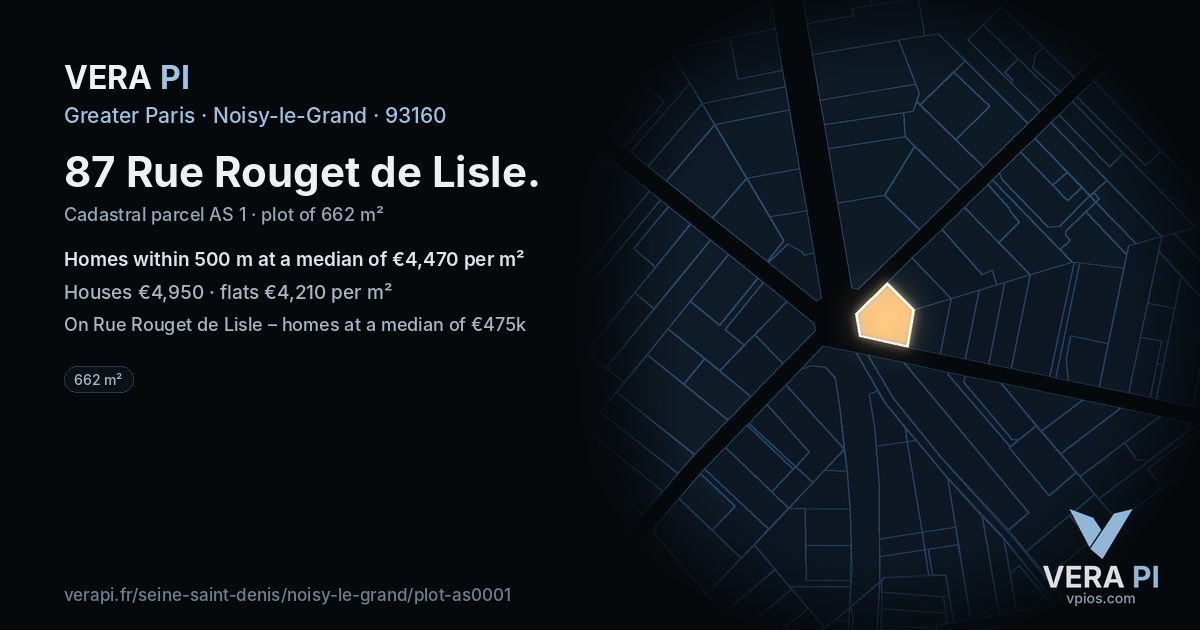 87 Rue Rouget de Lisle, Noisy-le-Grand at night – the plot lit, the parcels around coloured by the prices near them