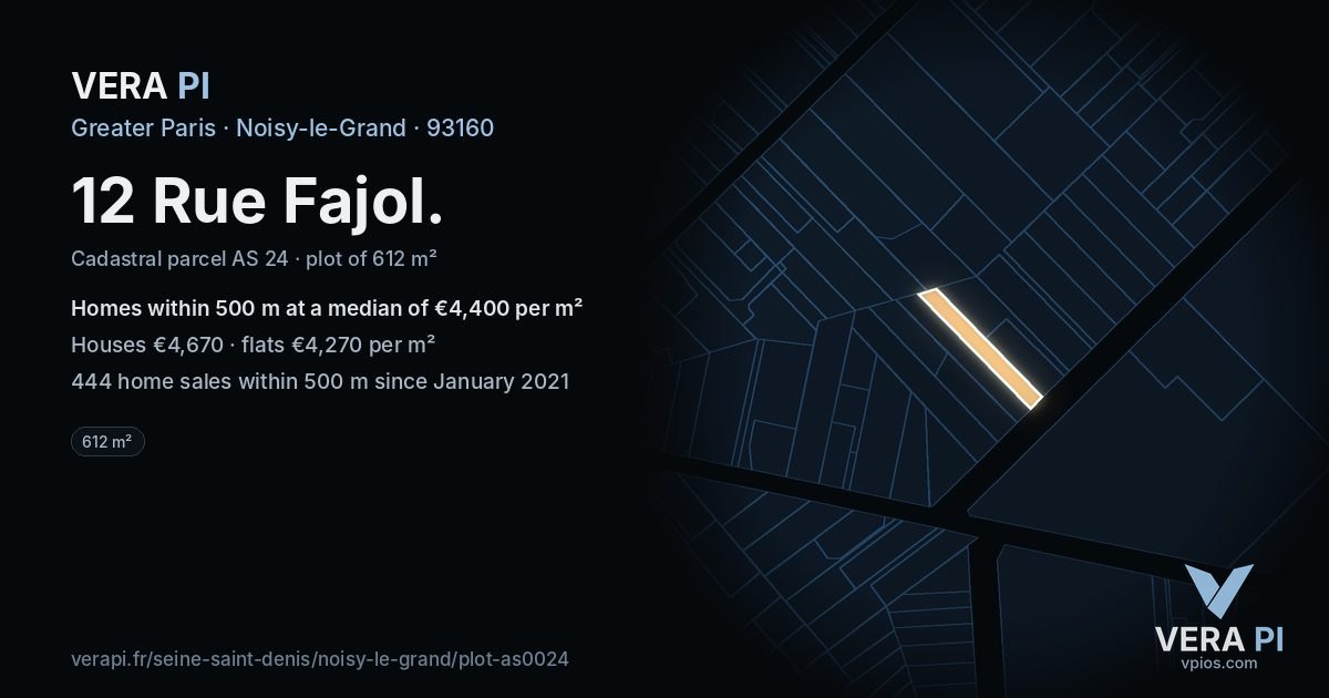 12 Rue Fajol, Noisy-le-Grand at night – the plot lit, the parcels around coloured by the prices near them