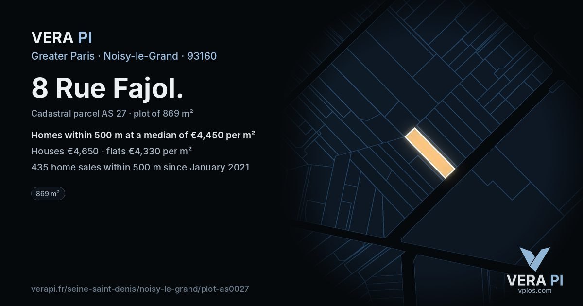 8 Rue Fajol, Noisy-le-Grand at night – the plot lit, the parcels around coloured by the prices near them