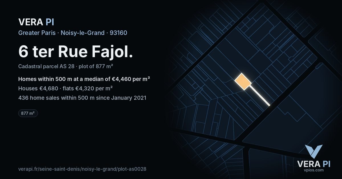 6 ter Rue Fajol, Noisy-le-Grand at night – the plot lit, the parcels around coloured by the prices near them