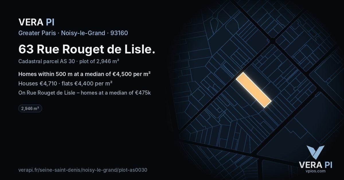 63 Rue Rouget de Lisle, Noisy-le-Grand at night – the plot lit, the parcels around coloured by the prices near them