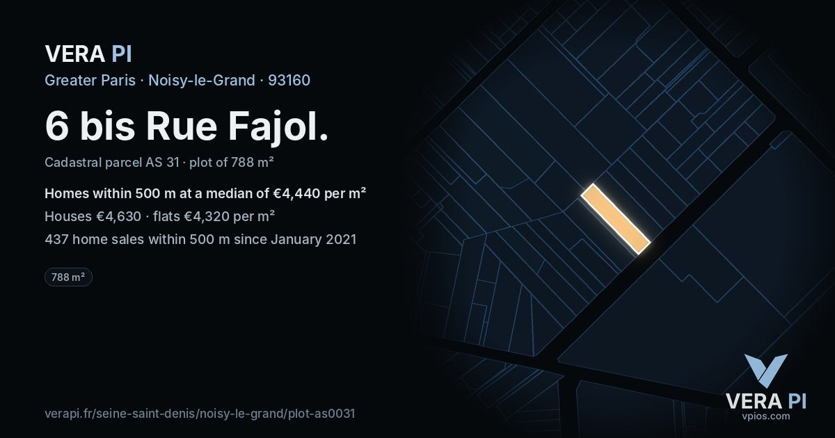 6 bis Rue Fajol, Noisy-le-Grand at night – the plot lit, the parcels around coloured by the prices near them