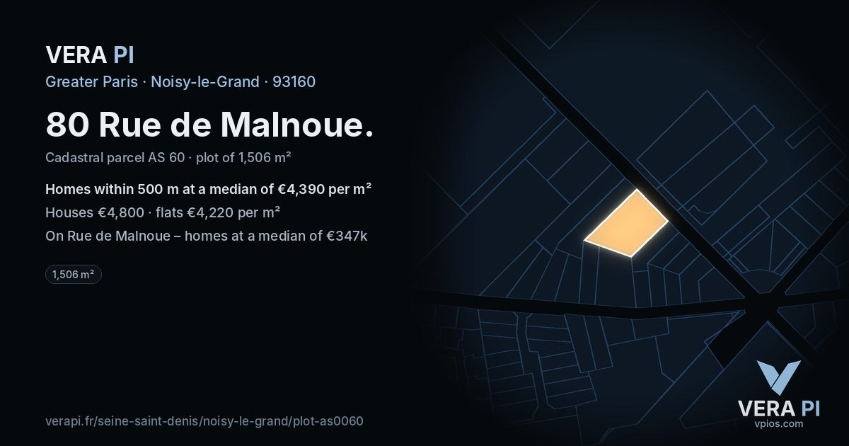 80 Rue de Malnoue, Noisy-le-Grand at night – the plot lit, the parcels around coloured by the prices near them