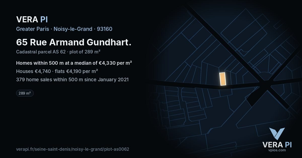 65 Rue Armand Gundhart, Noisy-le-Grand at night – the plot lit, the parcels around coloured by the prices near them