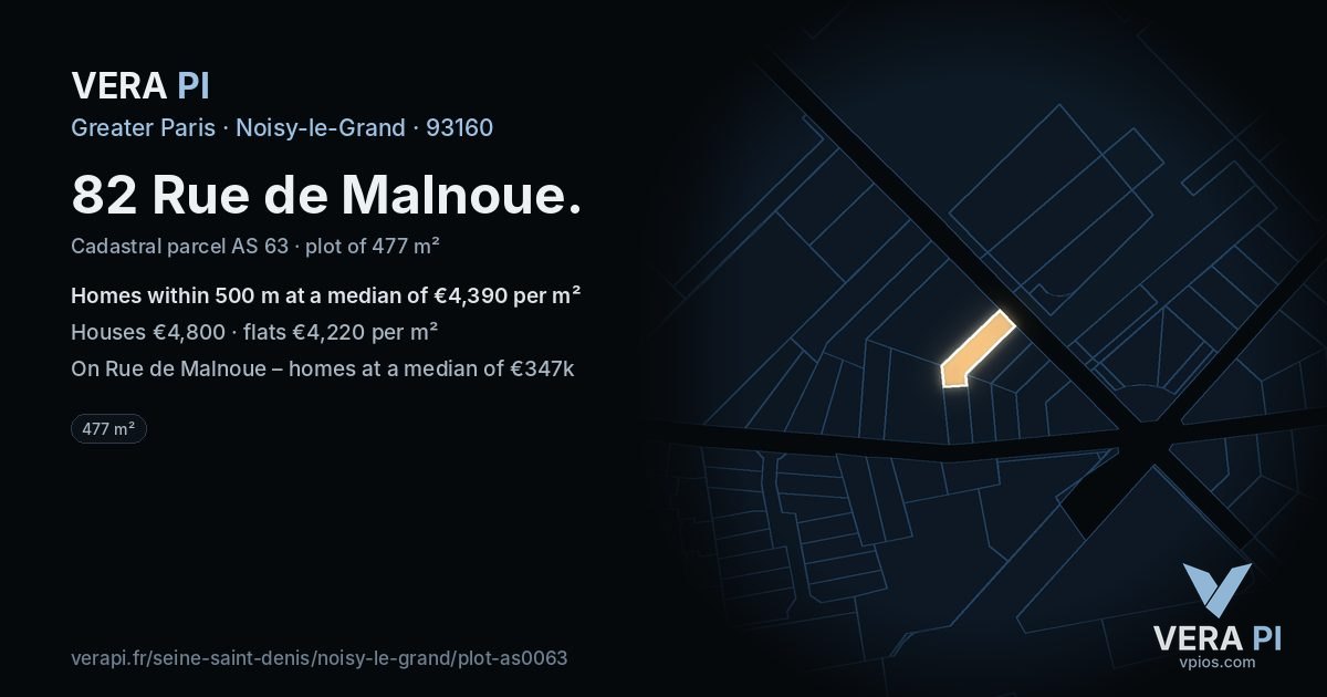 82 Rue de Malnoue, Noisy-le-Grand at night – the plot lit, the parcels around coloured by the prices near them