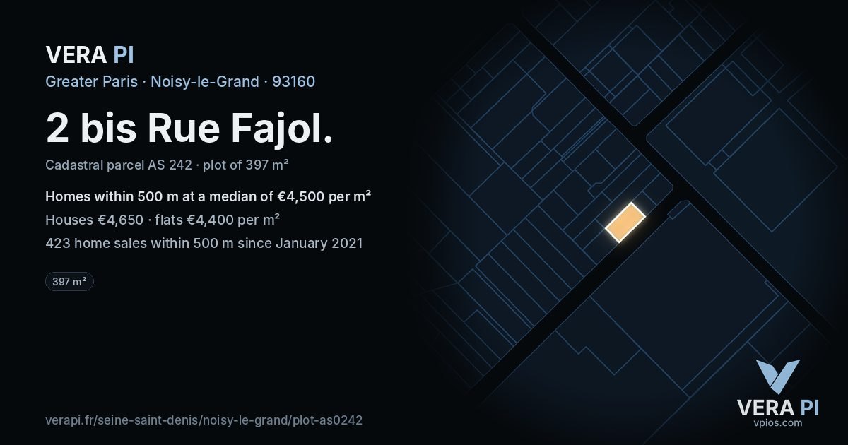 2 bis Rue Fajol, Noisy-le-Grand at night – the plot lit, the parcels around coloured by the prices near them