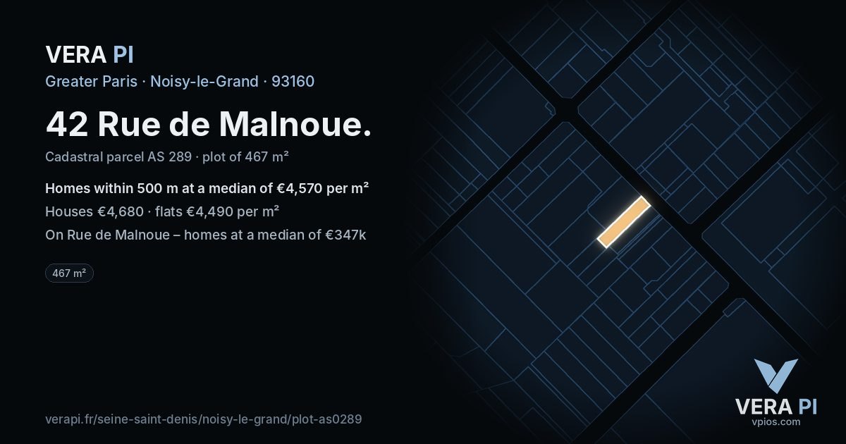 42 Rue de Malnoue, Noisy-le-Grand at night – the plot lit, the parcels around coloured by the prices near them